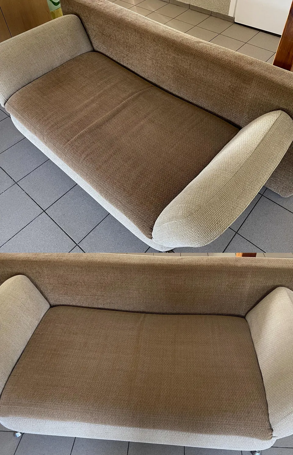 Sofa dwukolorowa, brązowo-kremowa tkanina — przed i po praniu
