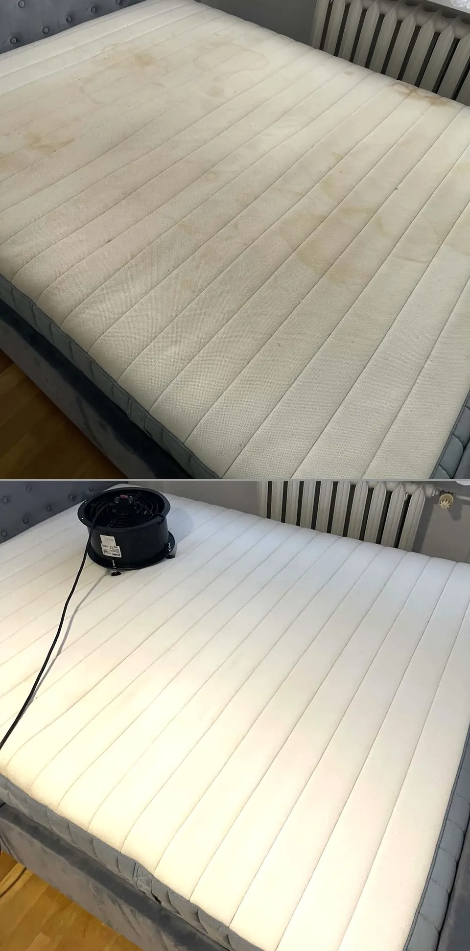 Materac dwuosobowy z zaciekami — przed i po praniu materaca