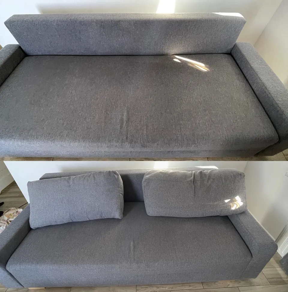 Sofa 3-osobowa z szarego szenila — przed i po praniu kanapy