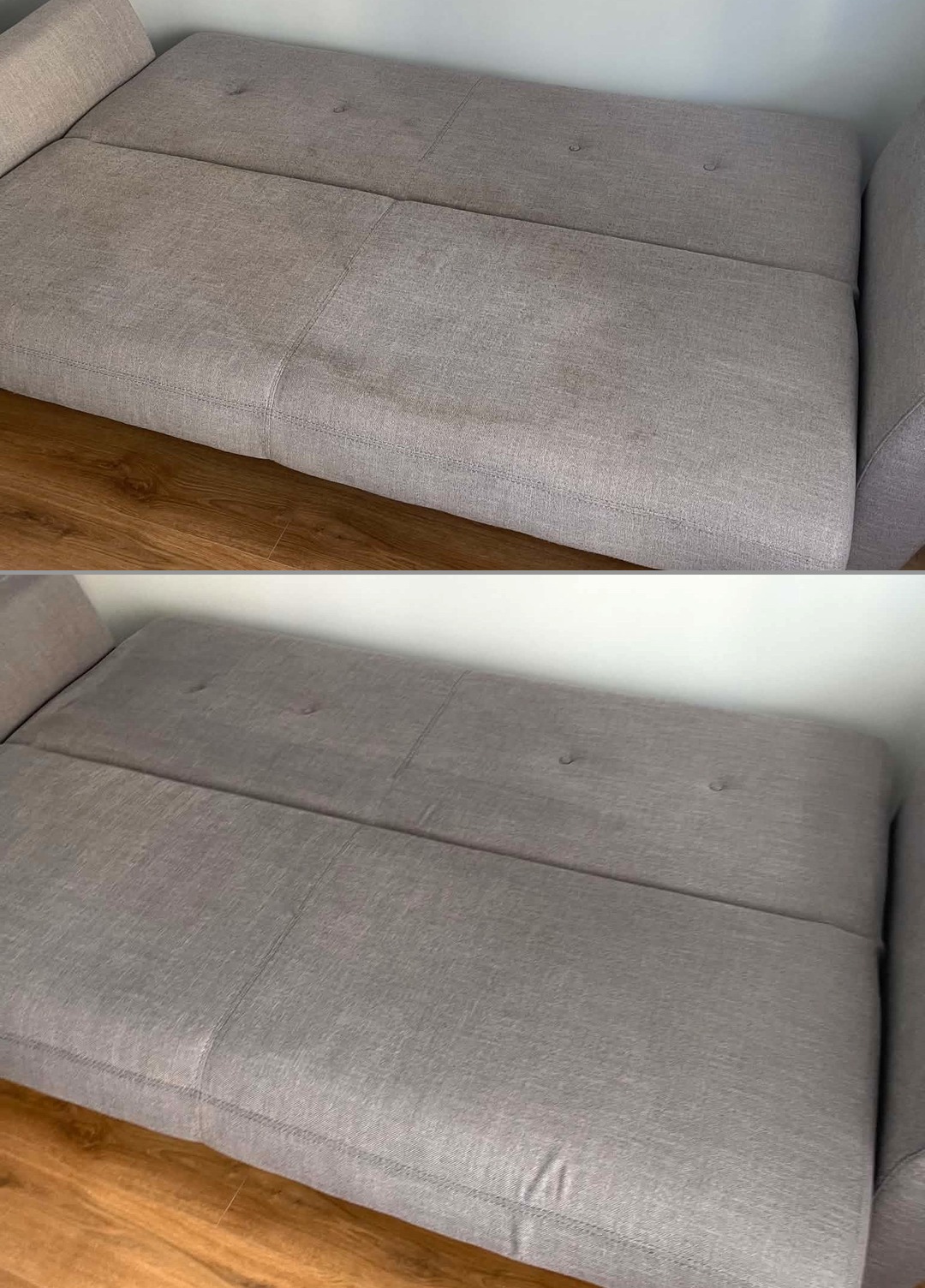 Sofa rozkładana z szarej tkaniny — przed i po praniu kanapy